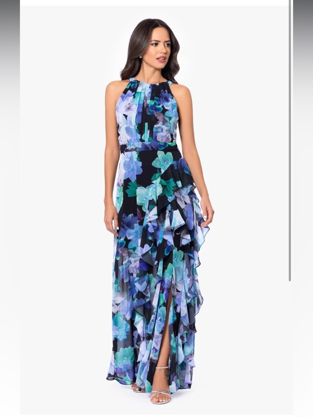Betsy & Adam Floral Chiffon Maxi Dress Size 8 Blue Green Ruffle Formal Gown